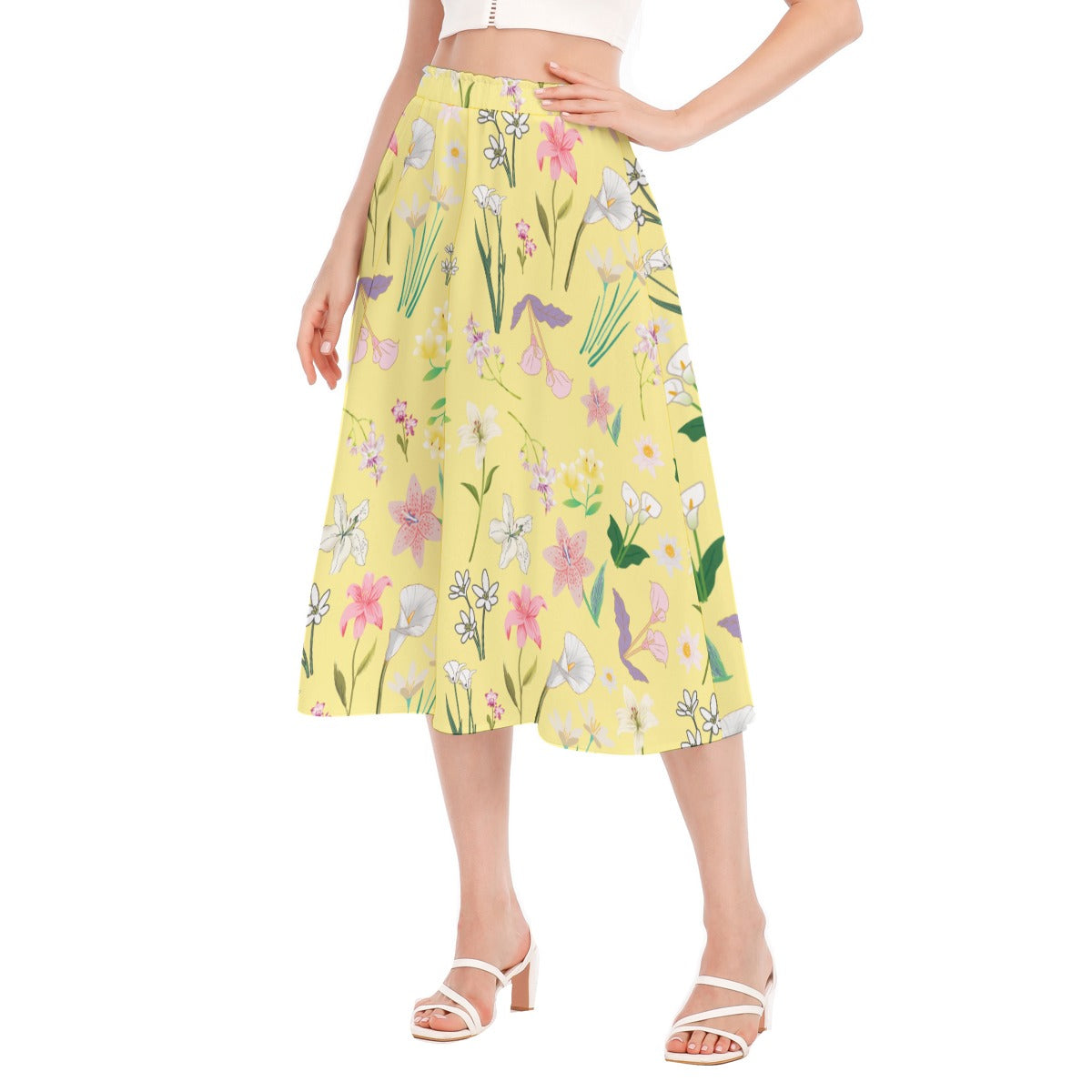 Graphic Lillies Yellow Long Skirt No Pockets up to 2XL (FWS)