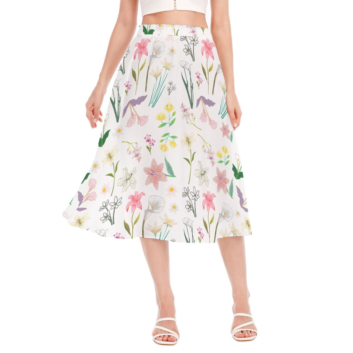 Graphic Lillies White Chiffon Skirt No Pockets up to 2XL (FWS)