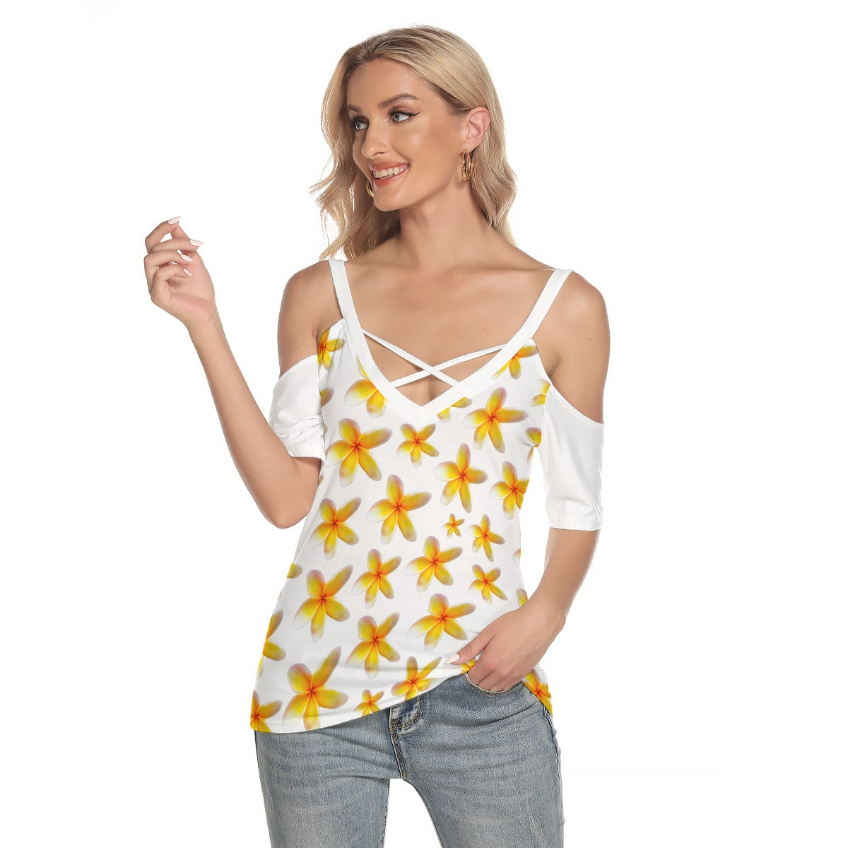 Yellow Frangipanis White Top with Criss Cross Straps up to 4 XL (FWS)