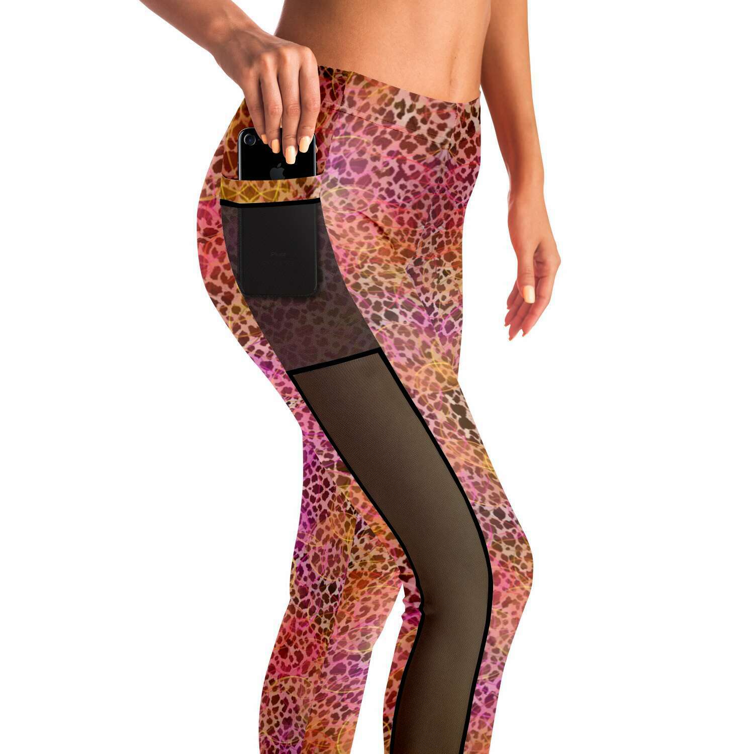 Leopard Circles Mesh Panel Side Pockets Leggings (FWS)