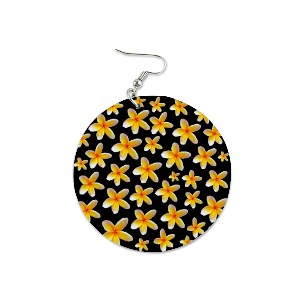 Yellow Frangipanis Black Round Wooden Earrings (FWS)