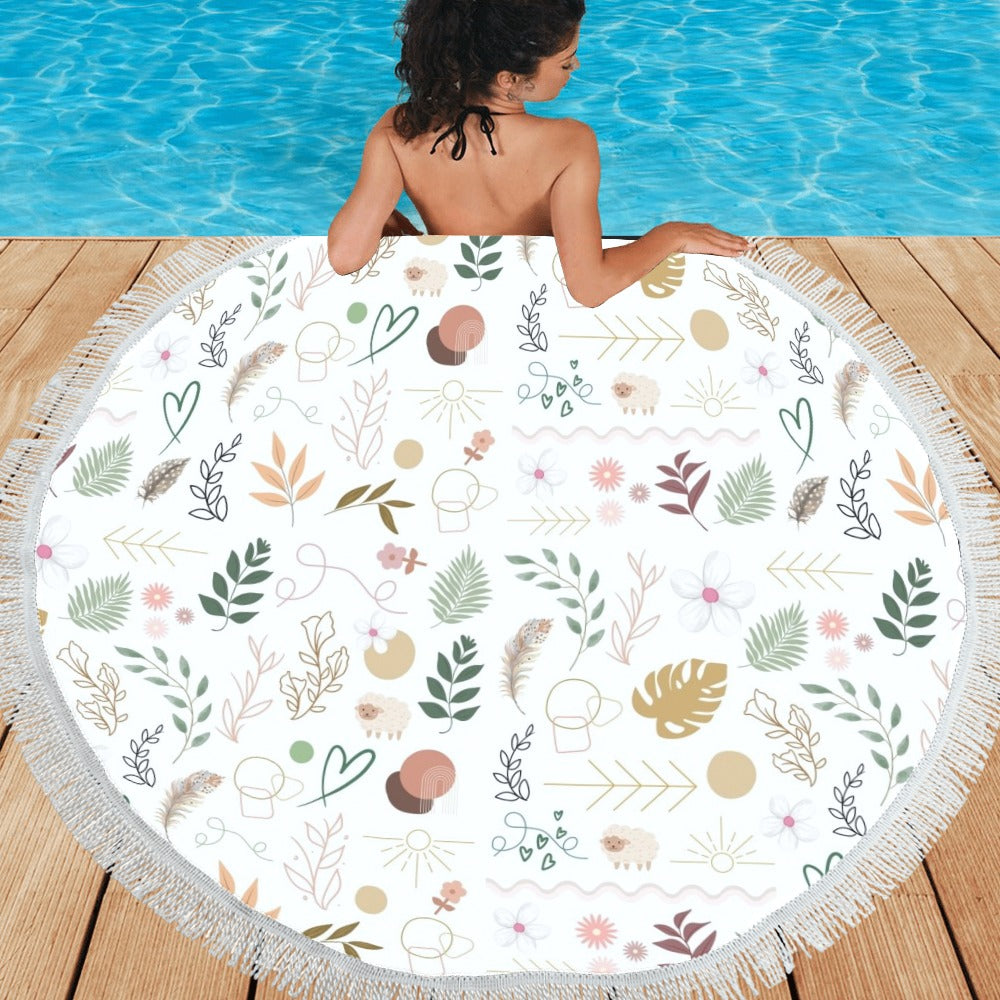 Boho White Circular Beach Shawl / Blanket (FWS)