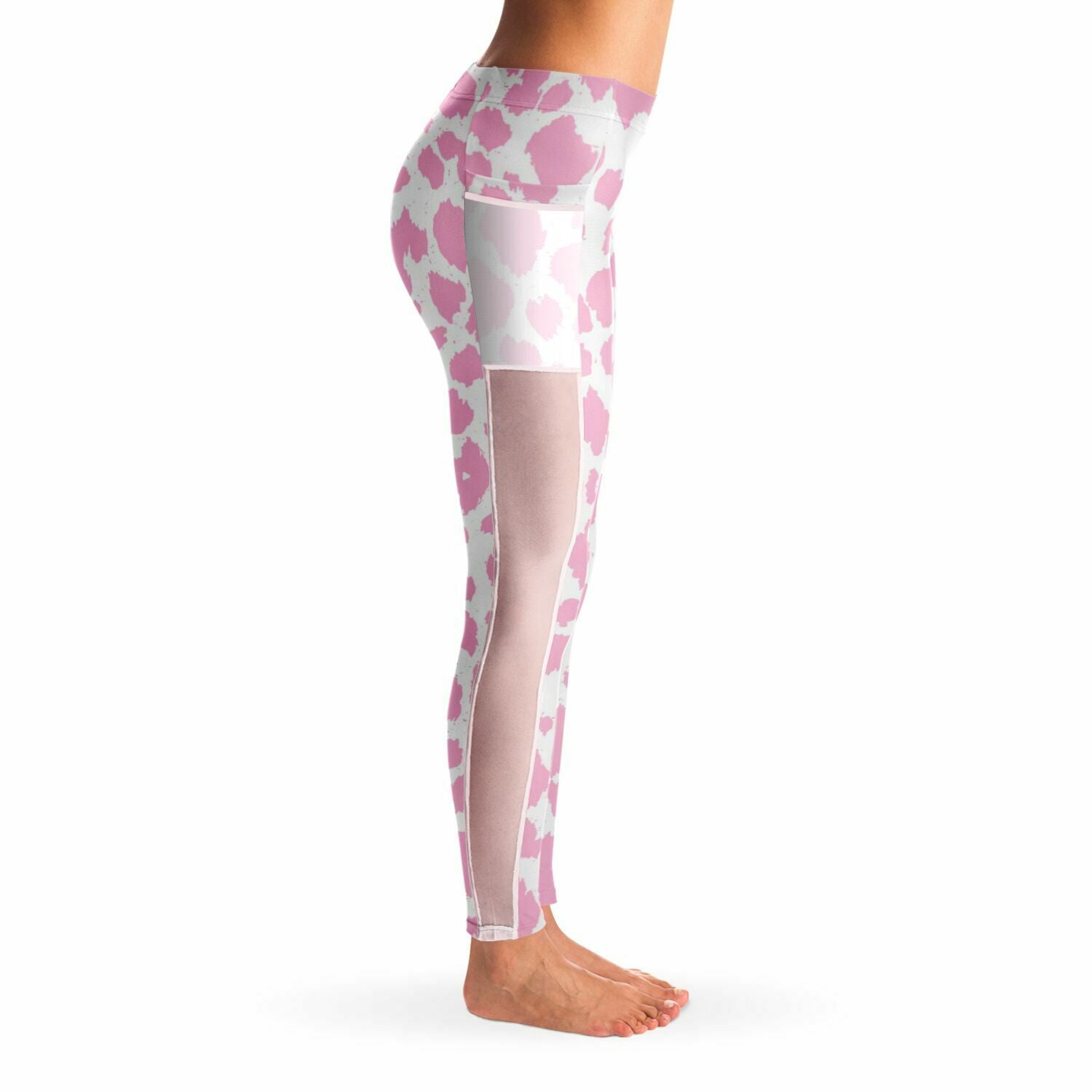 Baby Pink Leopard Mesh Panel Side Pockets Leggings (FWS)