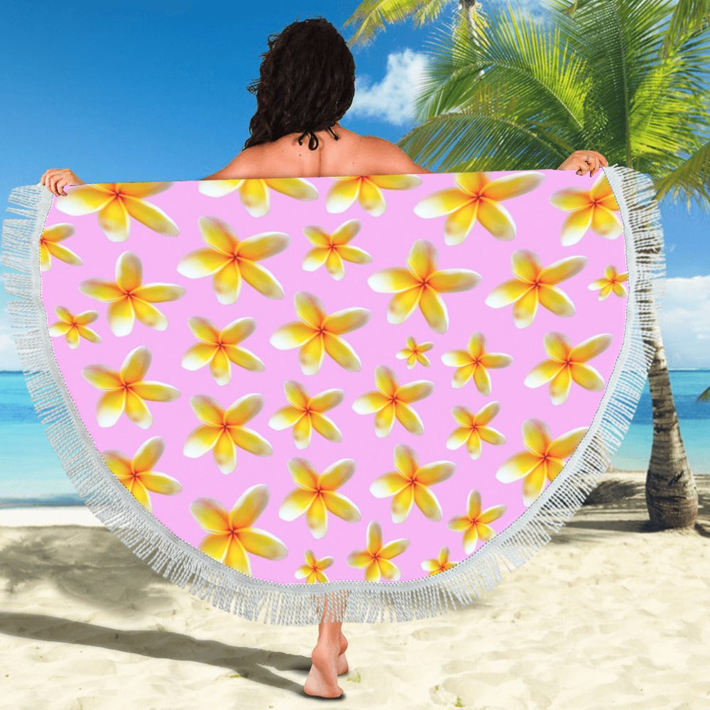 Yellow Frangipanis Pink Circular Beach Shawl / Blanket (FWS)