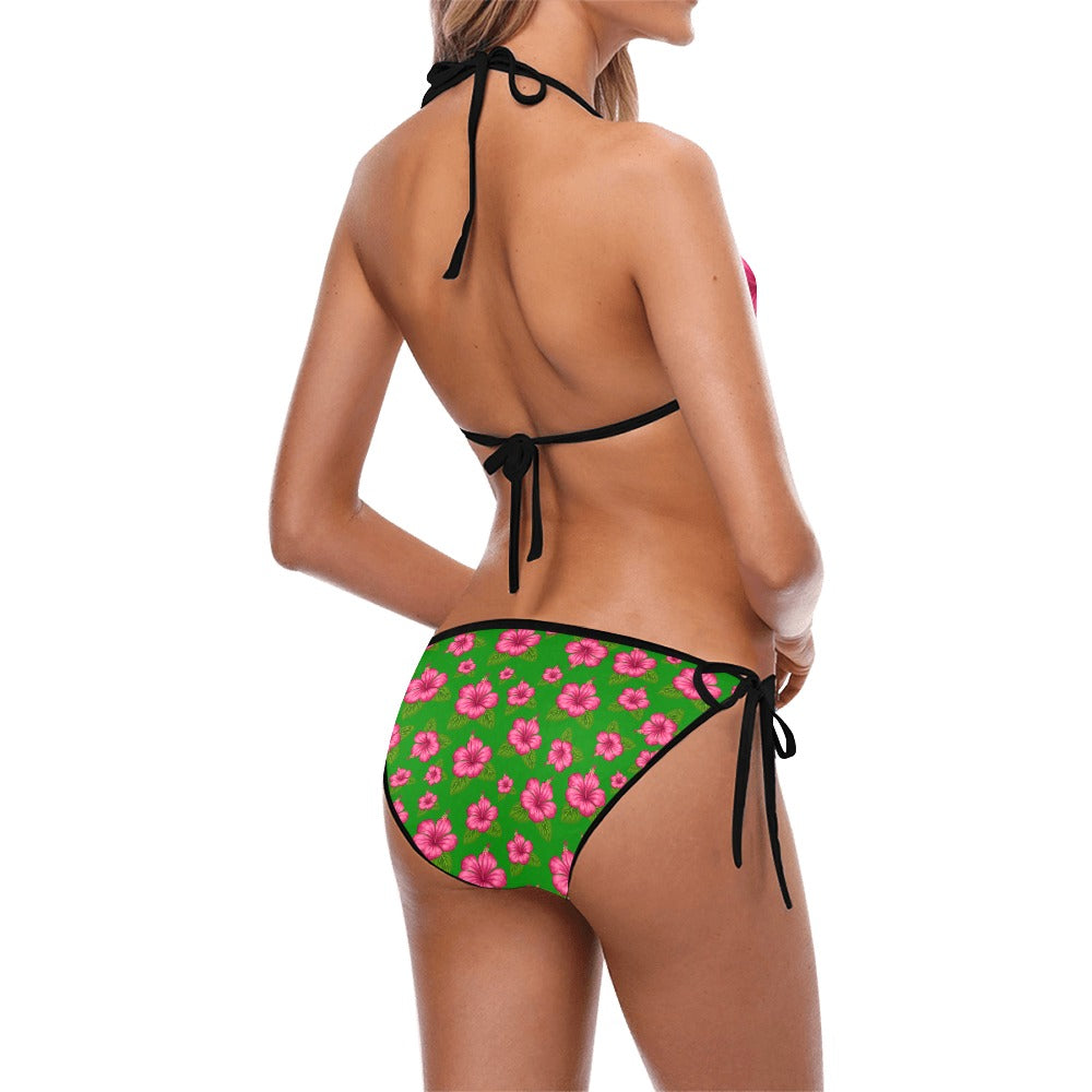 Graphic Pink Hibiscus Green String Bikini up to 5 XL (FWS)