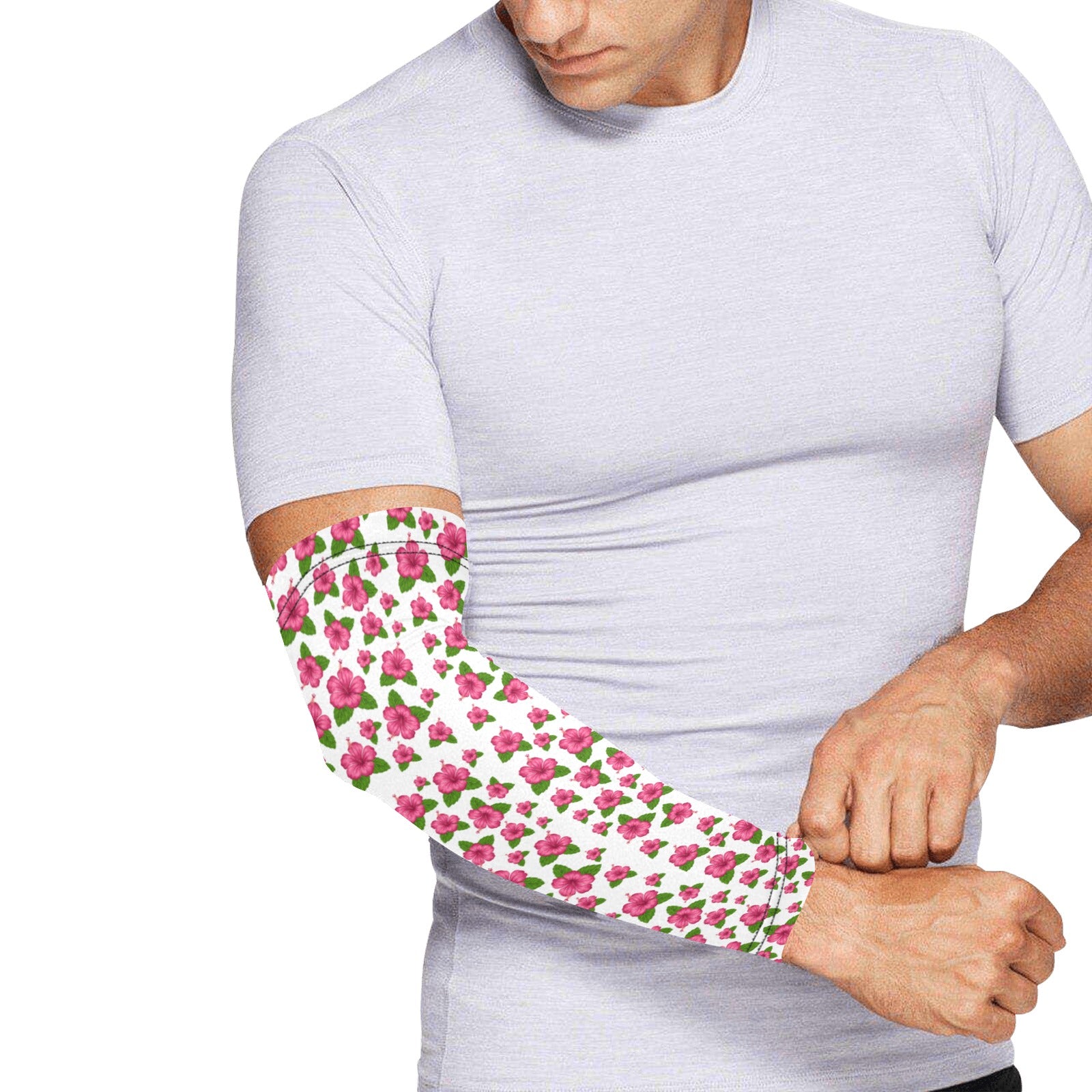 Graphic Pink Hibiscus White Weather Protection Arm Sleeves (FWS)