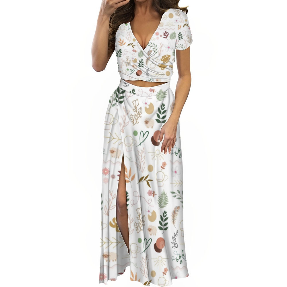 Boho White Two Piece V Neck Top & Long Skirt Set up to 4 XL (FWS)