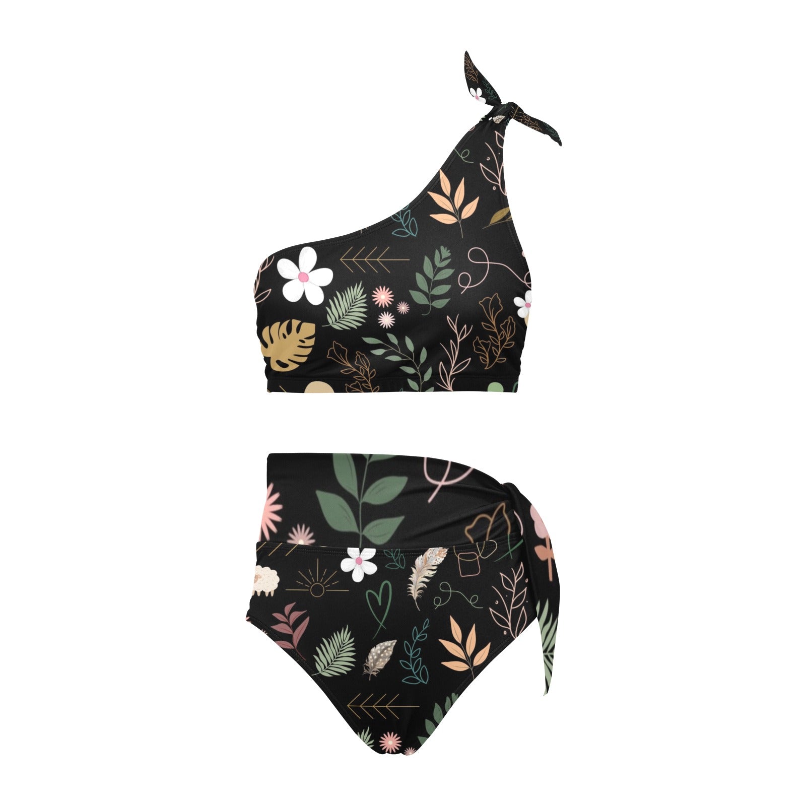 Boho Black High Waisted One Shoulder Bikini Set (FWS)