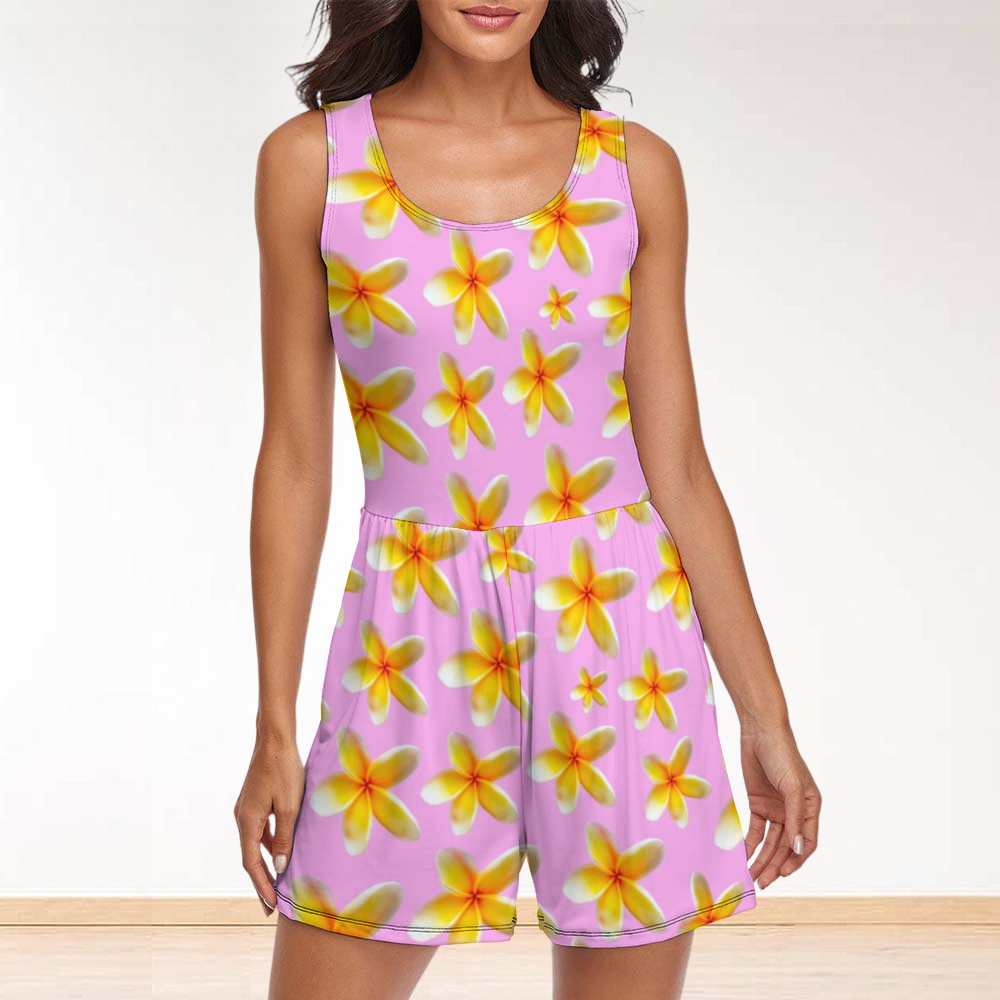 Yellow Frangipanis Pink Sleeveless Short Jumpsuit