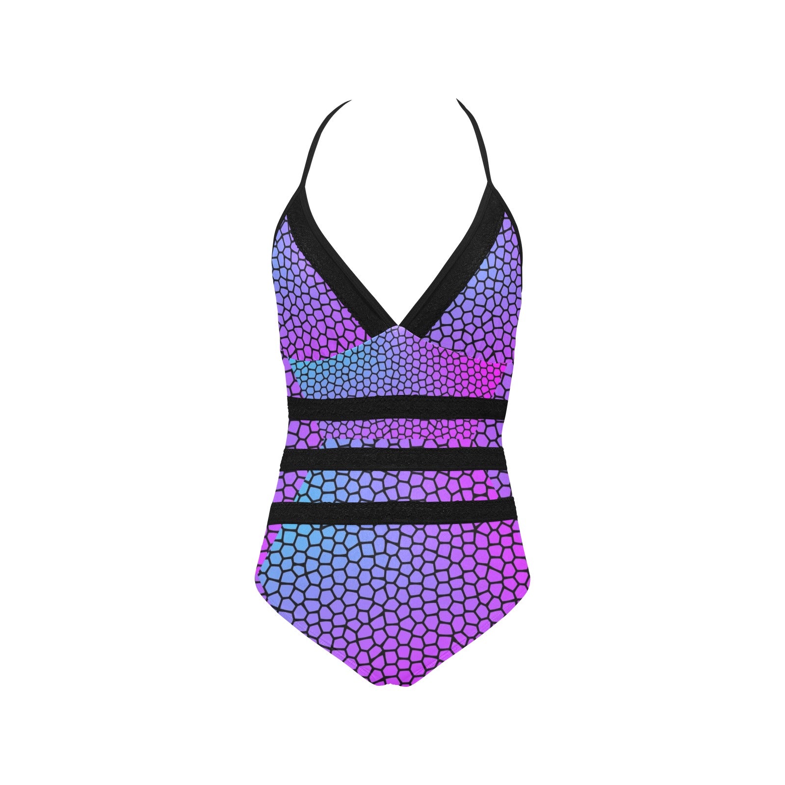 Purple Blue Stained Glass Lace Band Embossing Swimsuit (FWS)