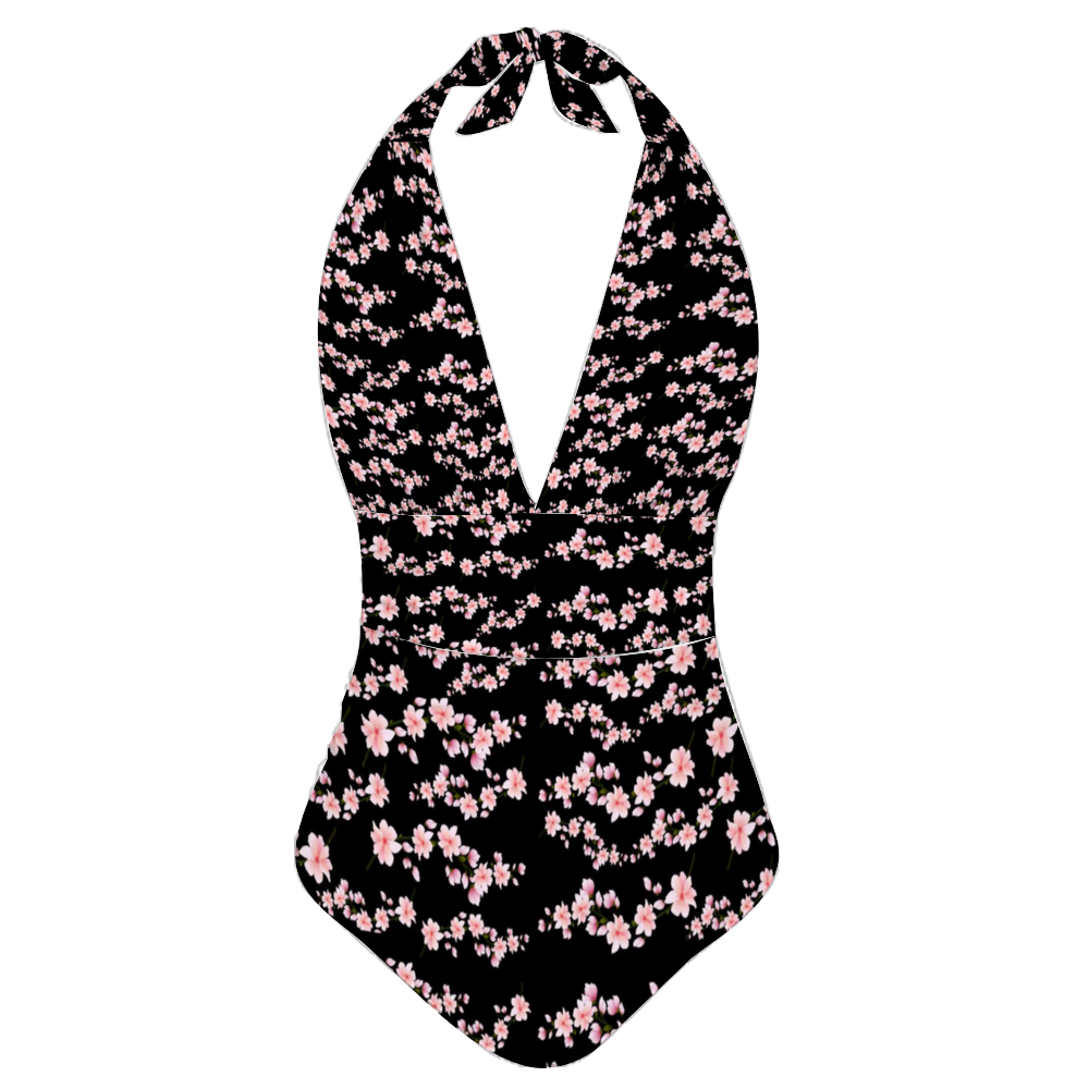 Japanese Pink Flowers Dark Halter Neck Bathing Suit up to 3 XL (FWS)