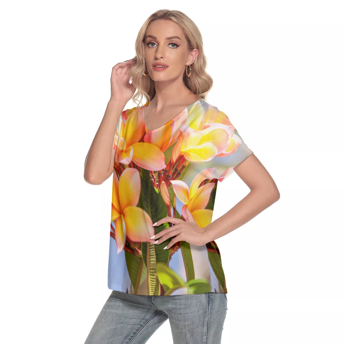 Fresh Frangipanis V-Neck Top up to 2 XL (FWS)