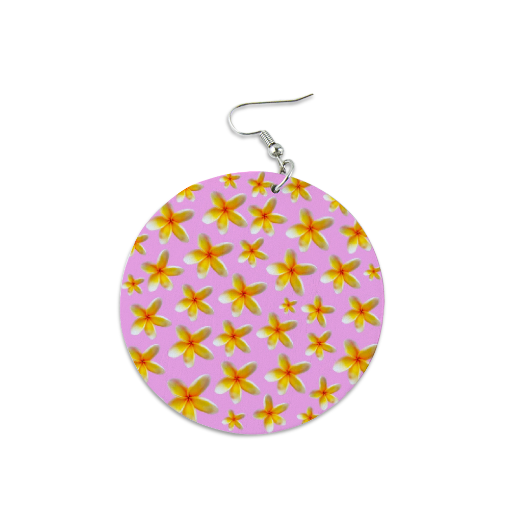 Yellow Frangipanis Pink Round Wooden Earrings (FWS)