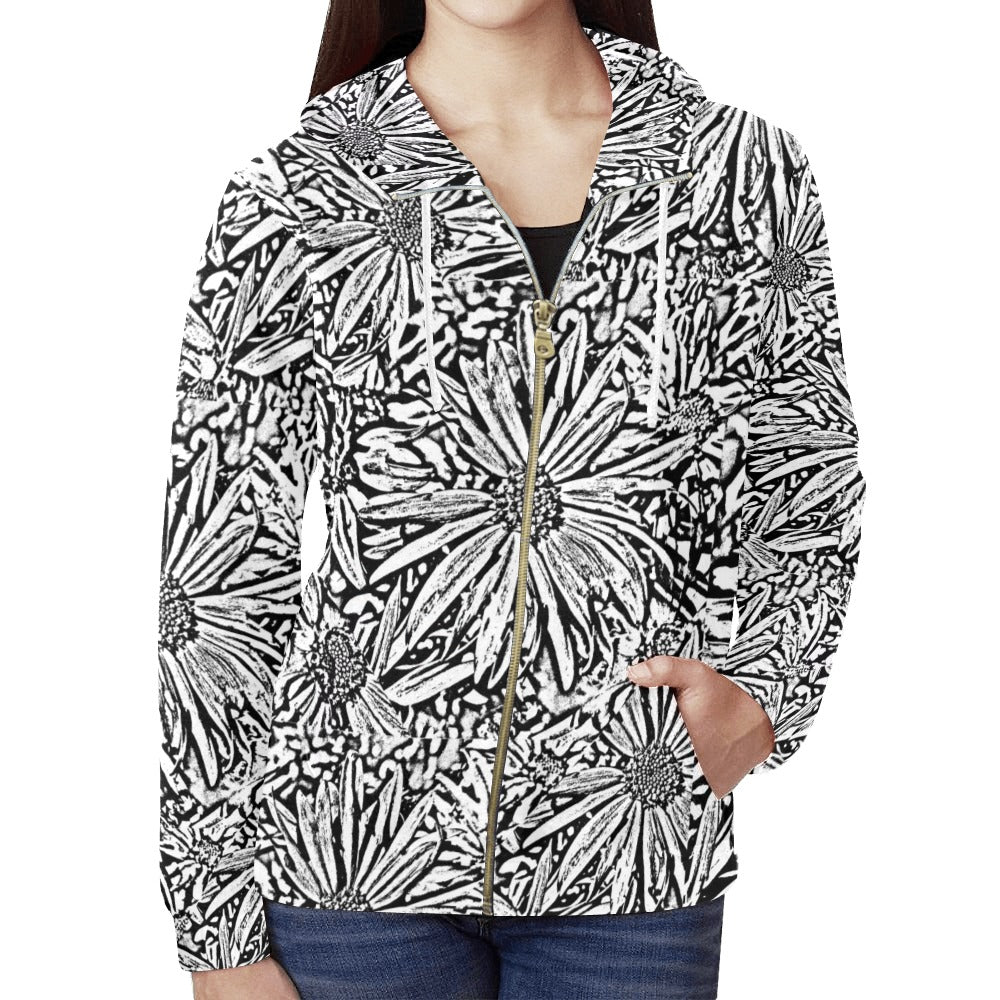 Black & White Daisies Women's Zip Hoodie up to 2 XL