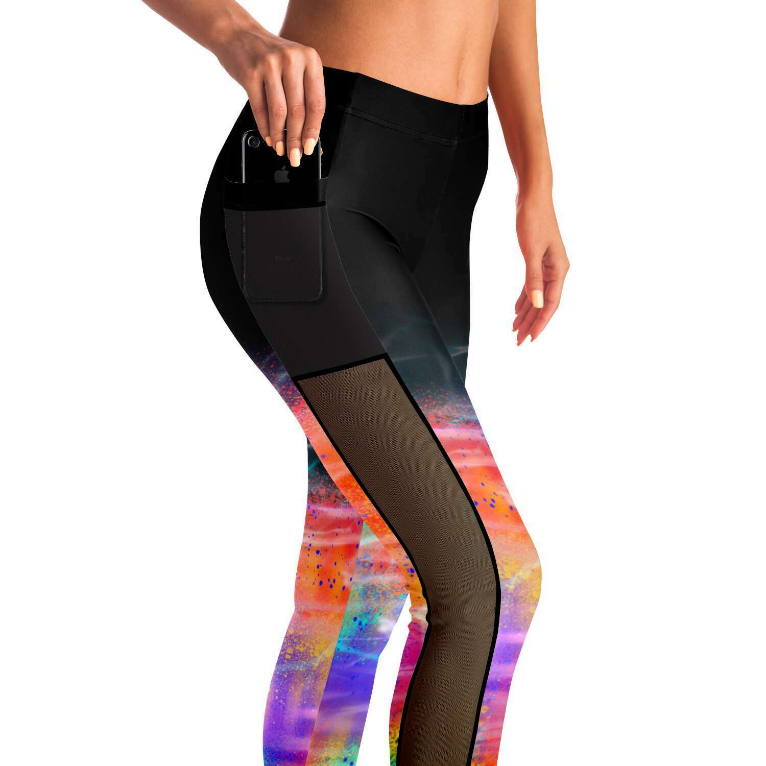 Multi with Black Mesh Panel Side Pockets Leggings (FWS)