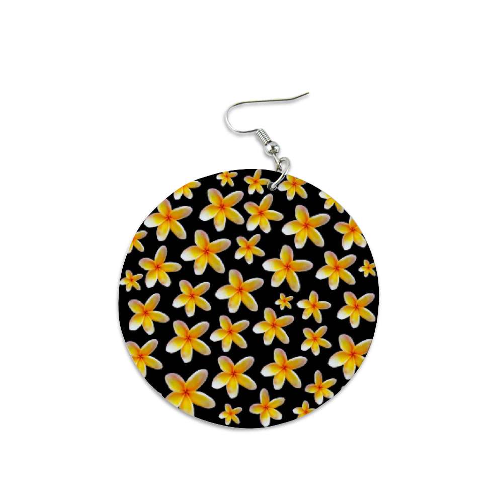 Yellow Frangipanis Black Round Wooden Earrings (FWS)