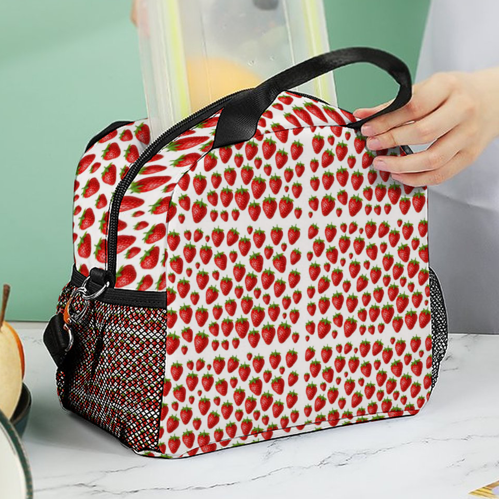 Strawberries White Insulated Zipper Lunch Bag