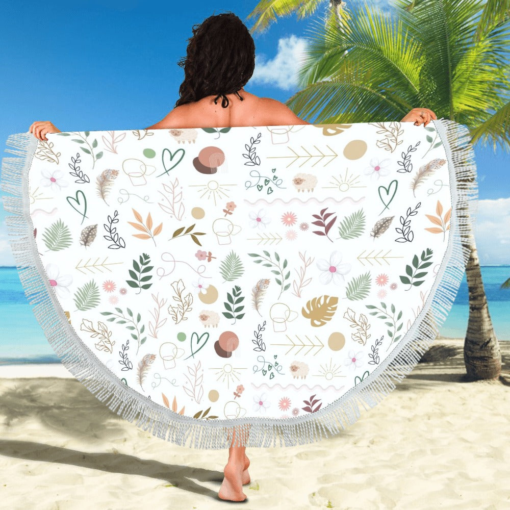 Boho White Circular Beach Shawl / Blanket (FWS)