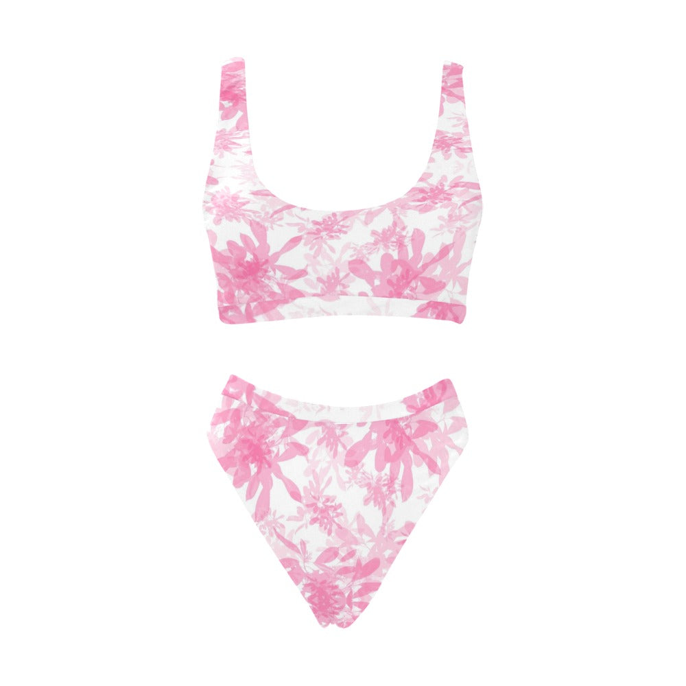 Pink Leaves Sport Top & High-Waisted Bikini up to 5 XL (FWS)