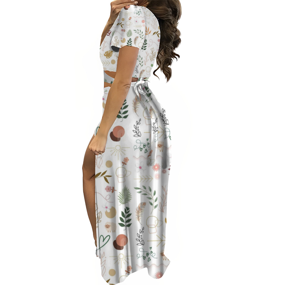 Boho White Two Piece V Neck Top & Long Skirt Set up to 4 XL (FWS)