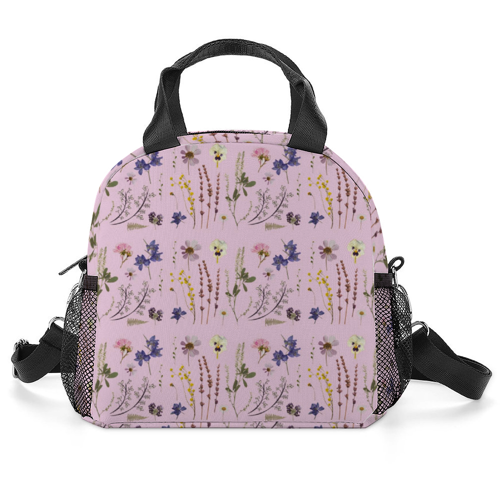 Wildflowers Pink Insulated Lunch Bag with Handles & Top Strap