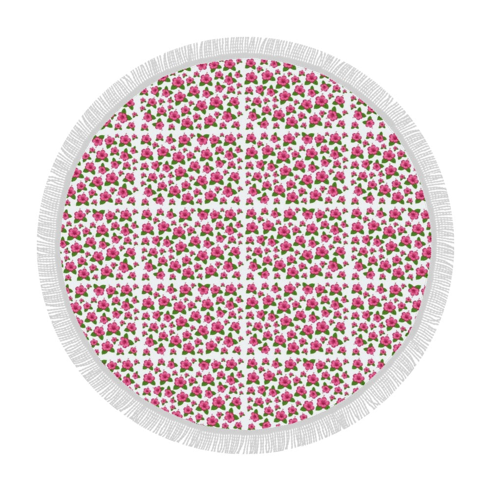 Graphic Pink Hibiscus White Circular Beach Shawl / Blanket (FWS)