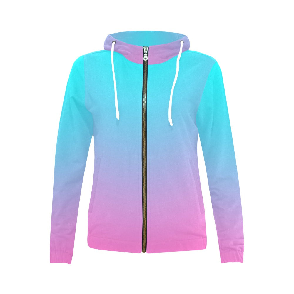 Ombre Aqua Pink Full Zip Hoodie up to 2 XL