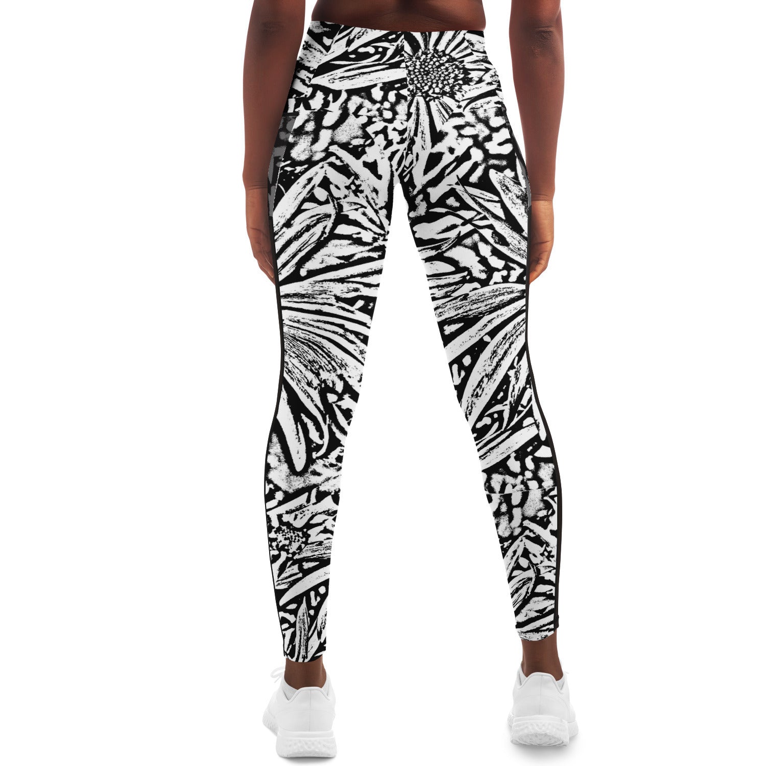 Black & White Daisies Mesh Panel Side Pockets Leggings (FWS)