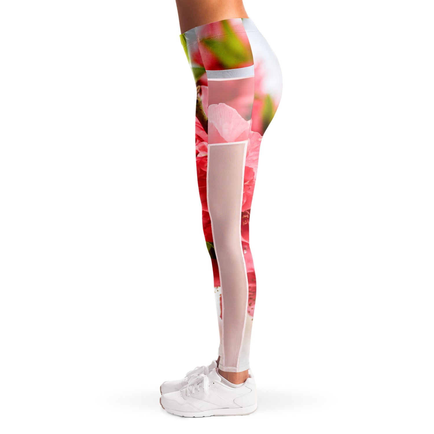 Pink Cherry Blossoms Mesh Panel Side Pockets Leggings (FWS)