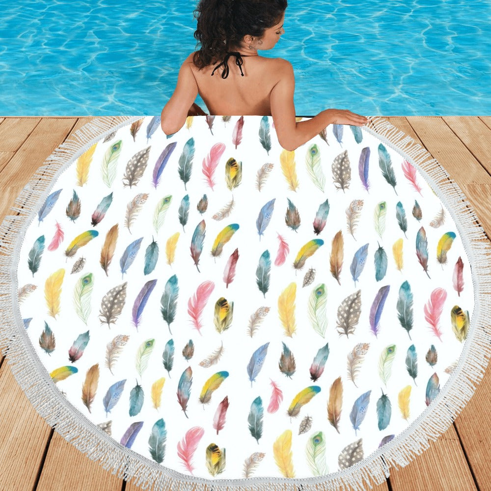 Colourful Feathers Circular Beach Shawl / Blanket (FWS)