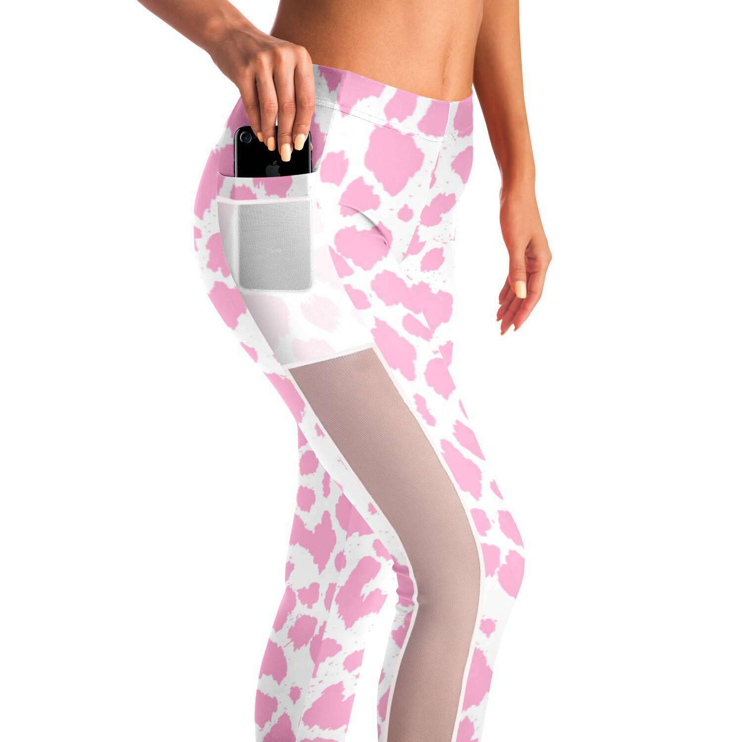 Baby Pink Leopard Mesh Panel Side Pockets Leggings (FWS)