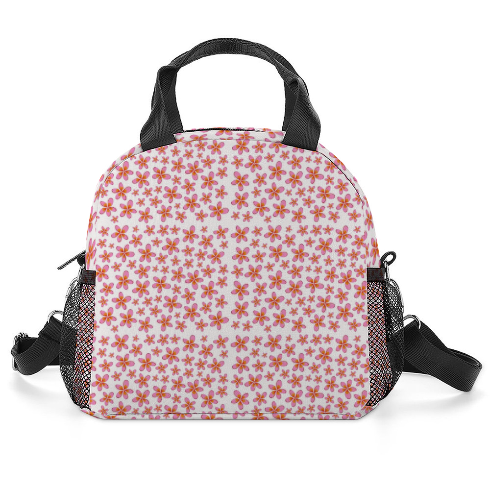 Graphic Pink Frangipanis White Insulated Lunch Bag with Handles & Shoulder Strap