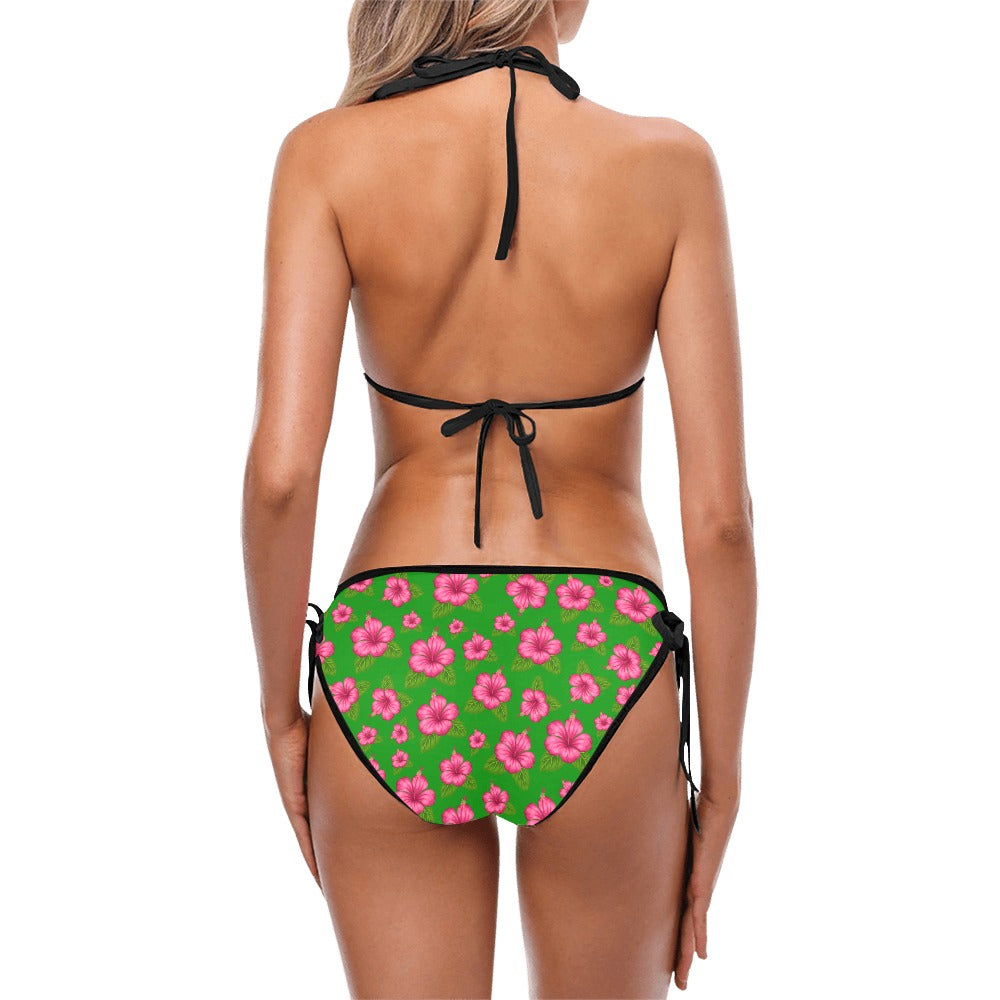 Graphic Pink Hibiscus Green String Bikini up to 5 XL (FWS)