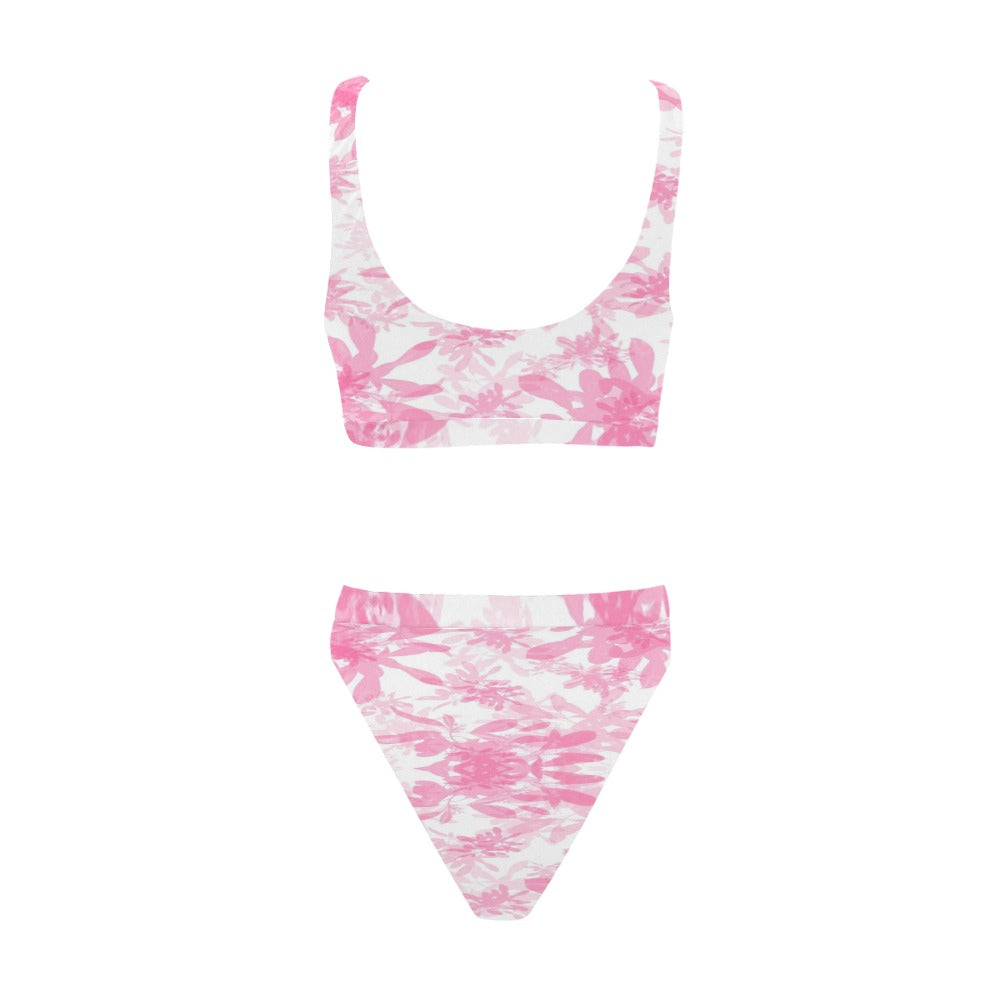 Pink Leaves Sport Top & High-Waisted Bikini up to 5 XL (FWS)