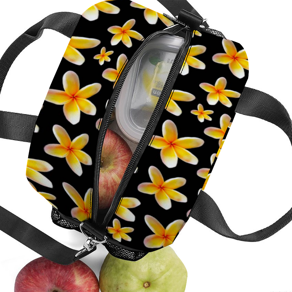 Yellow Frangipanis Black Insulated Lunch Bag with Handles & Top Strap