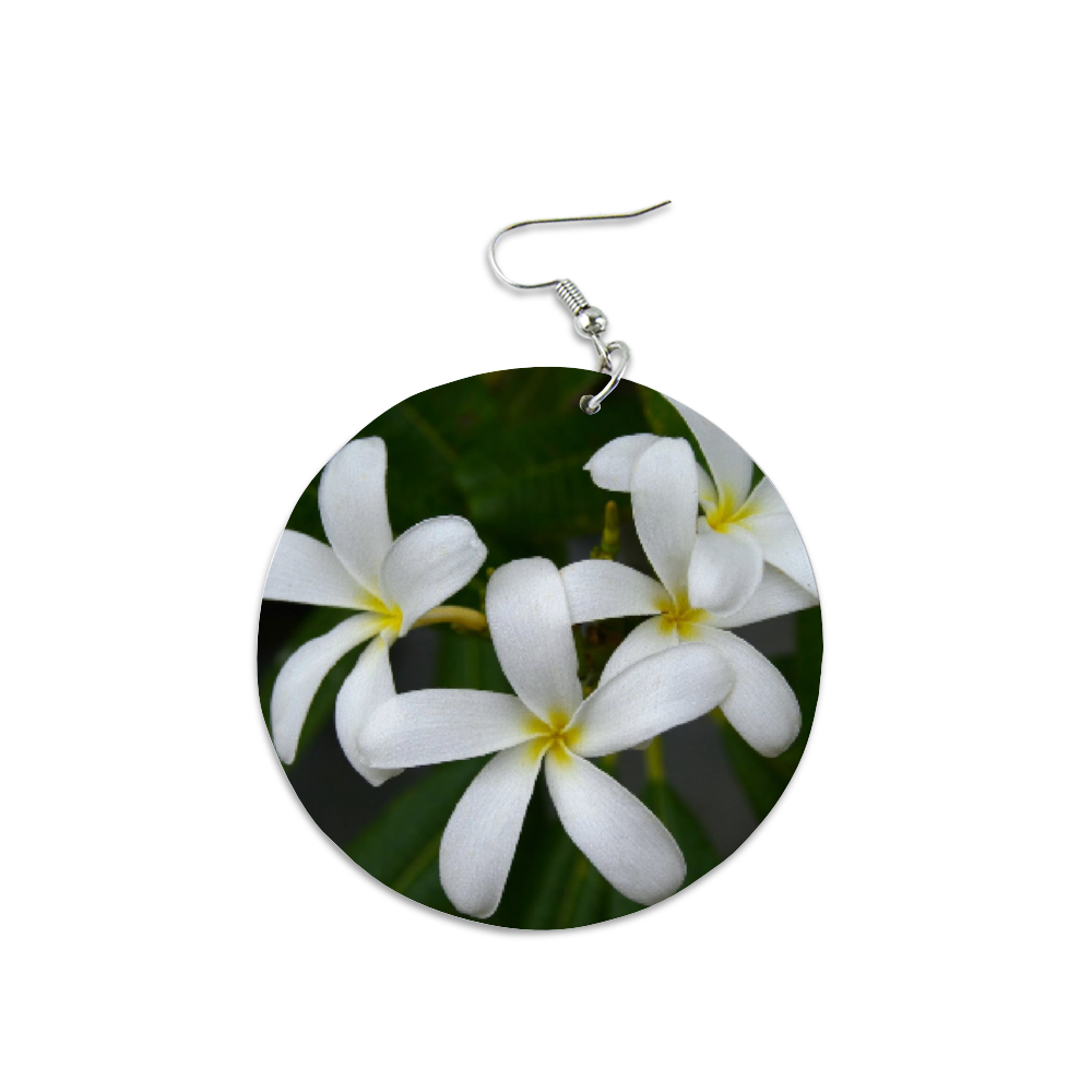 White Frangipanis Round Wooden Earrings (FWS)