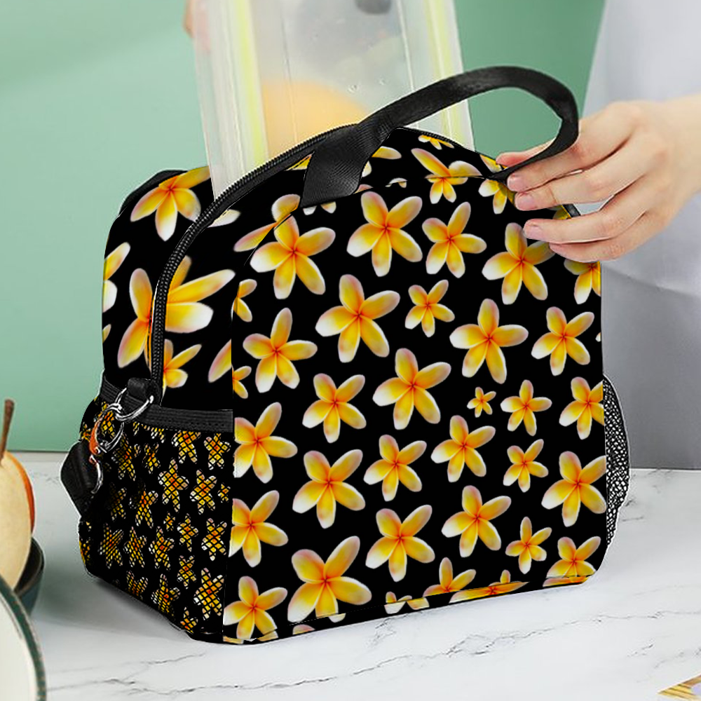 Yellow Frangipanis Black Insulated Lunch Bag with Handles & Top Strap