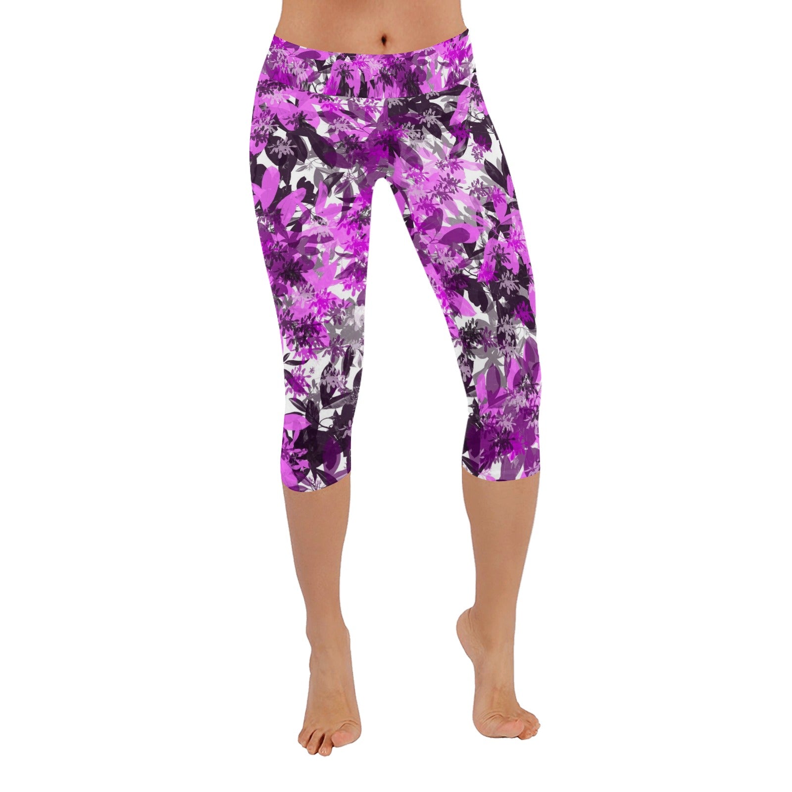 Black & Pink Leaves Capri Leggings up to 5 XL