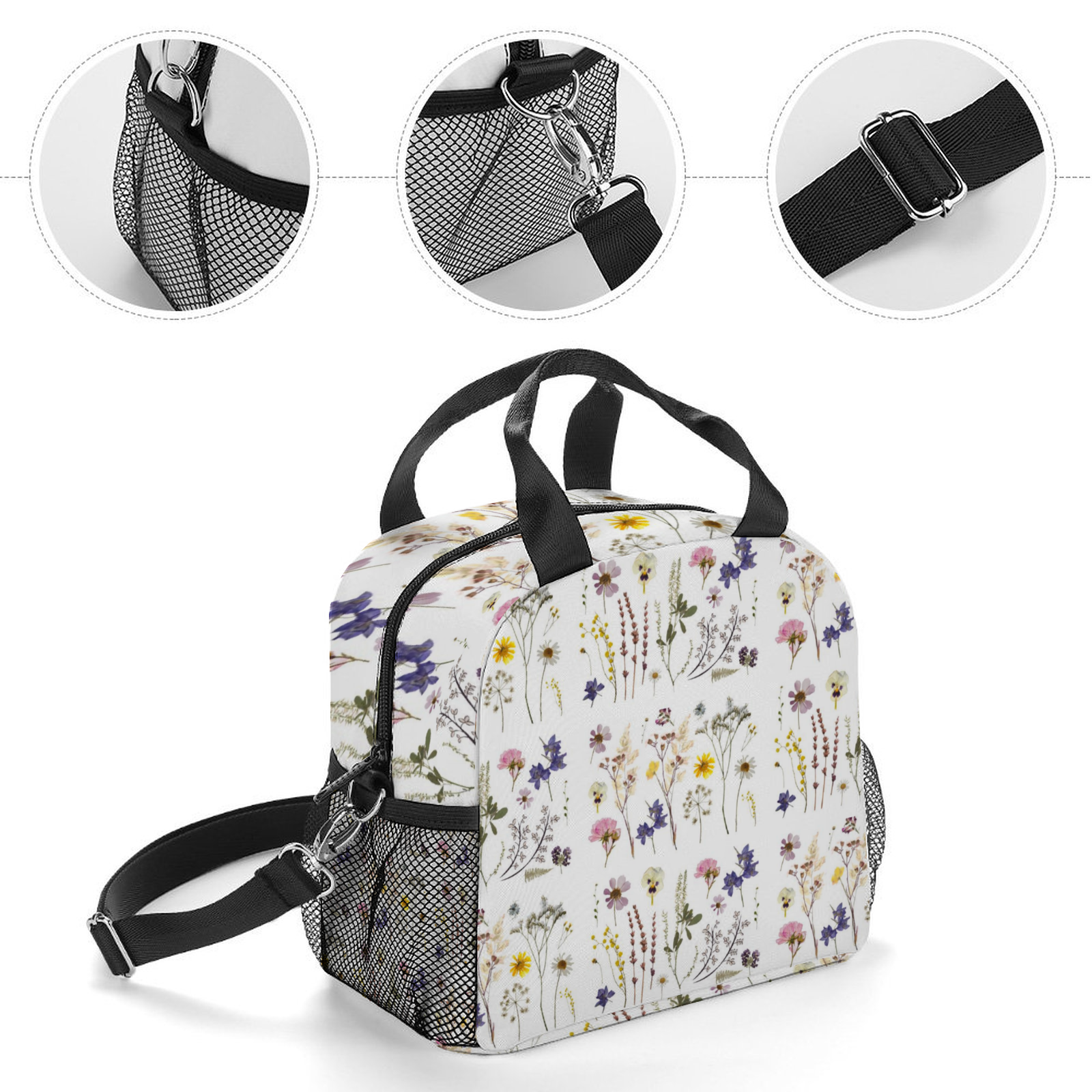 Wildflowers White Insulated Lunch Bag with Handles & Shoulder Strap