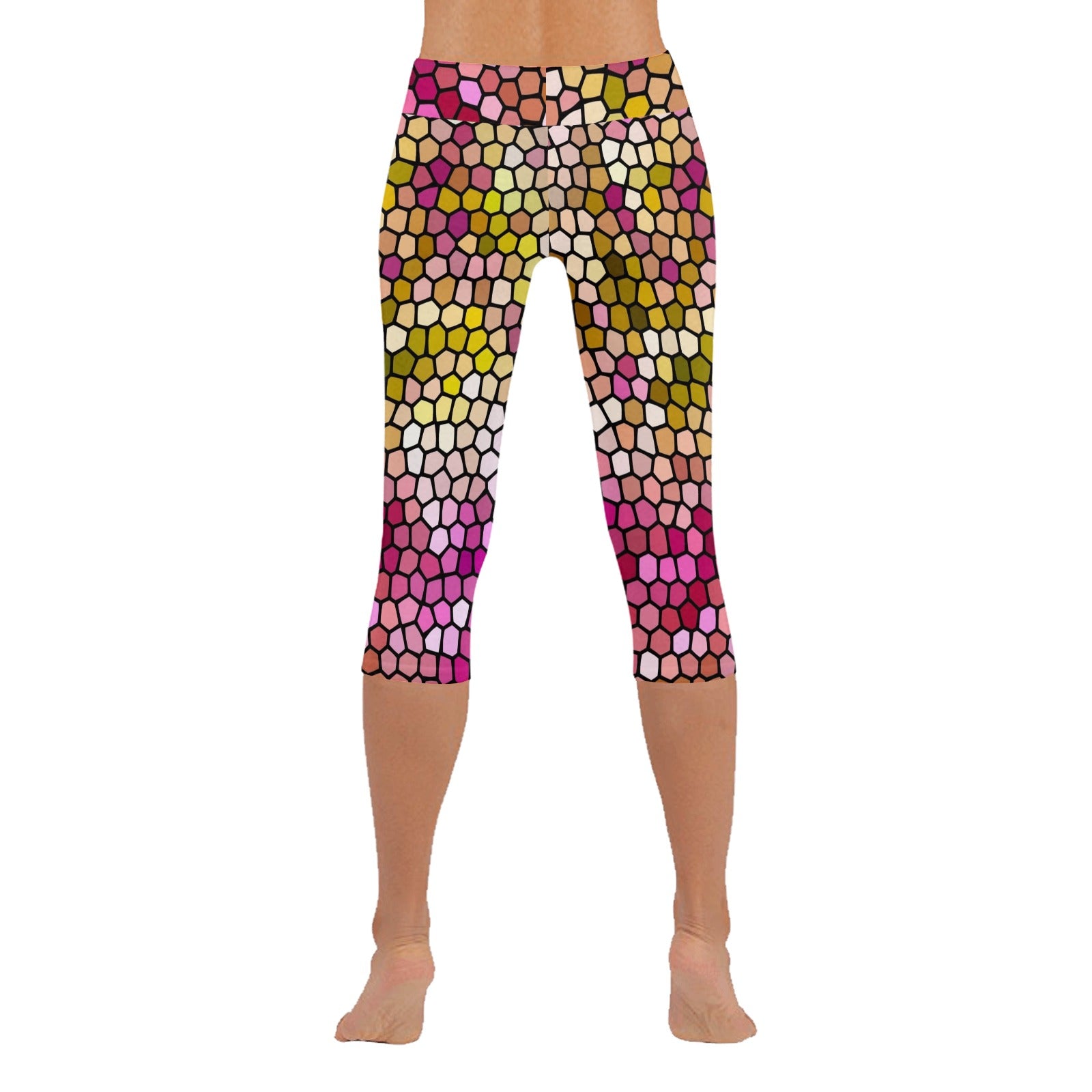 Pink Dahlia Stained Glass Capri Leggings up to 5 XL