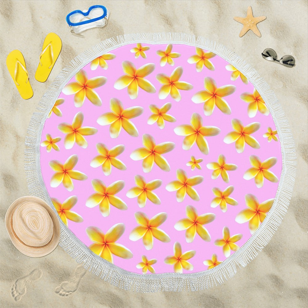 Yellow Frangipanis Pink Circular Beach Shawl / Blanket (FWS)