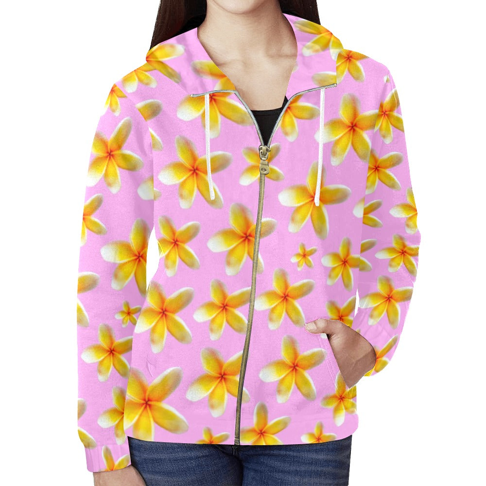 Yellow Frangipanis Pink Full Zip Hoodie up to 2 XL