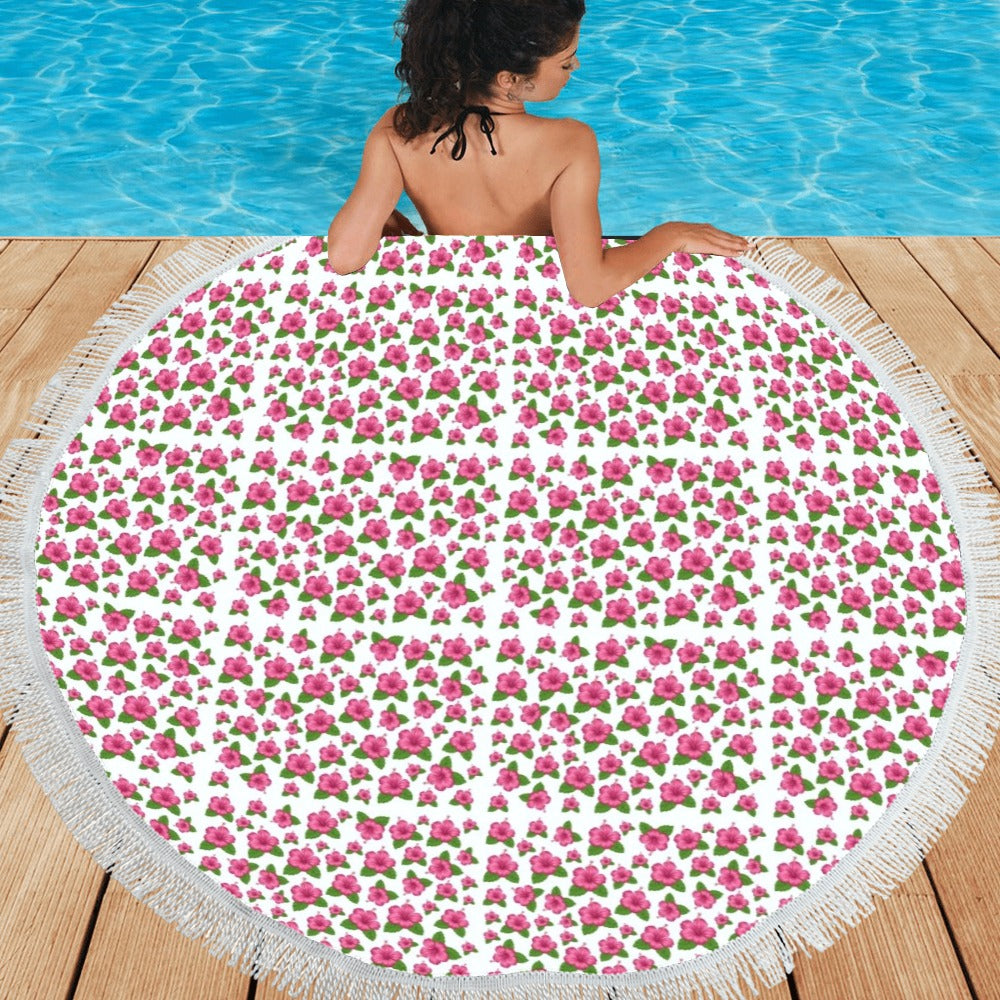 Graphic Pink Hibiscus White Circular Beach Shawl / Blanket (FWS)