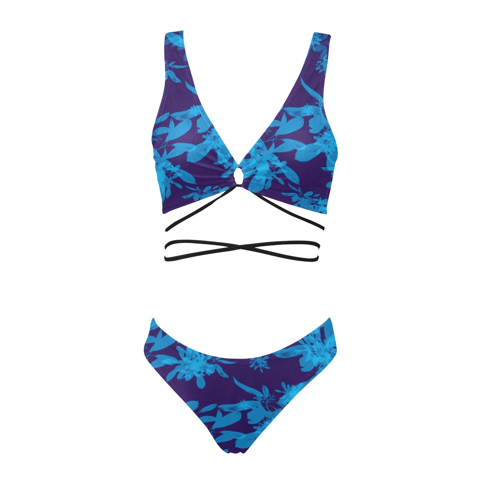 Blue on Blue Leaves Cross String Bikini up to 2 XL (FWS)