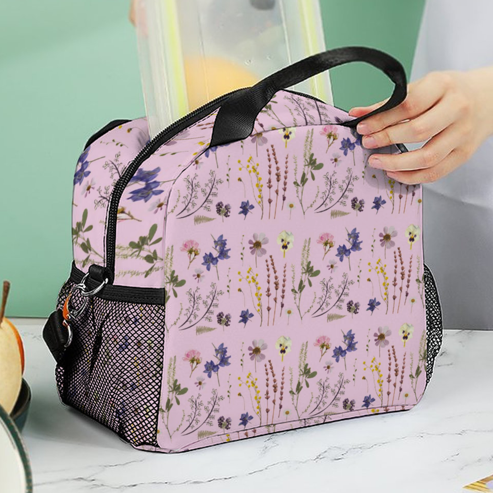 Wildflowers Pink Insulated Lunch Bag with Handles & Top Strap