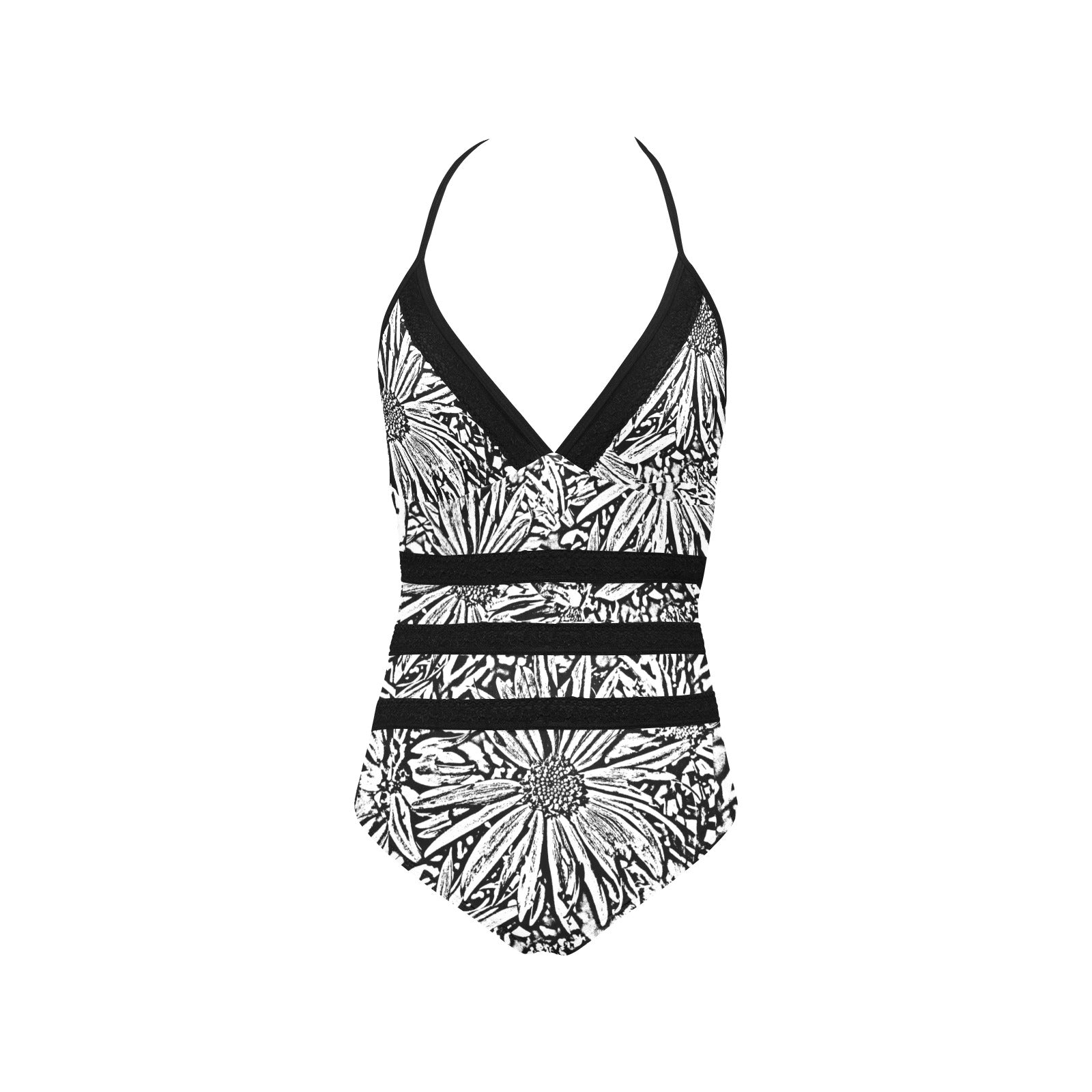 Black & White Daisies Lace Band Embossing Swimsuit