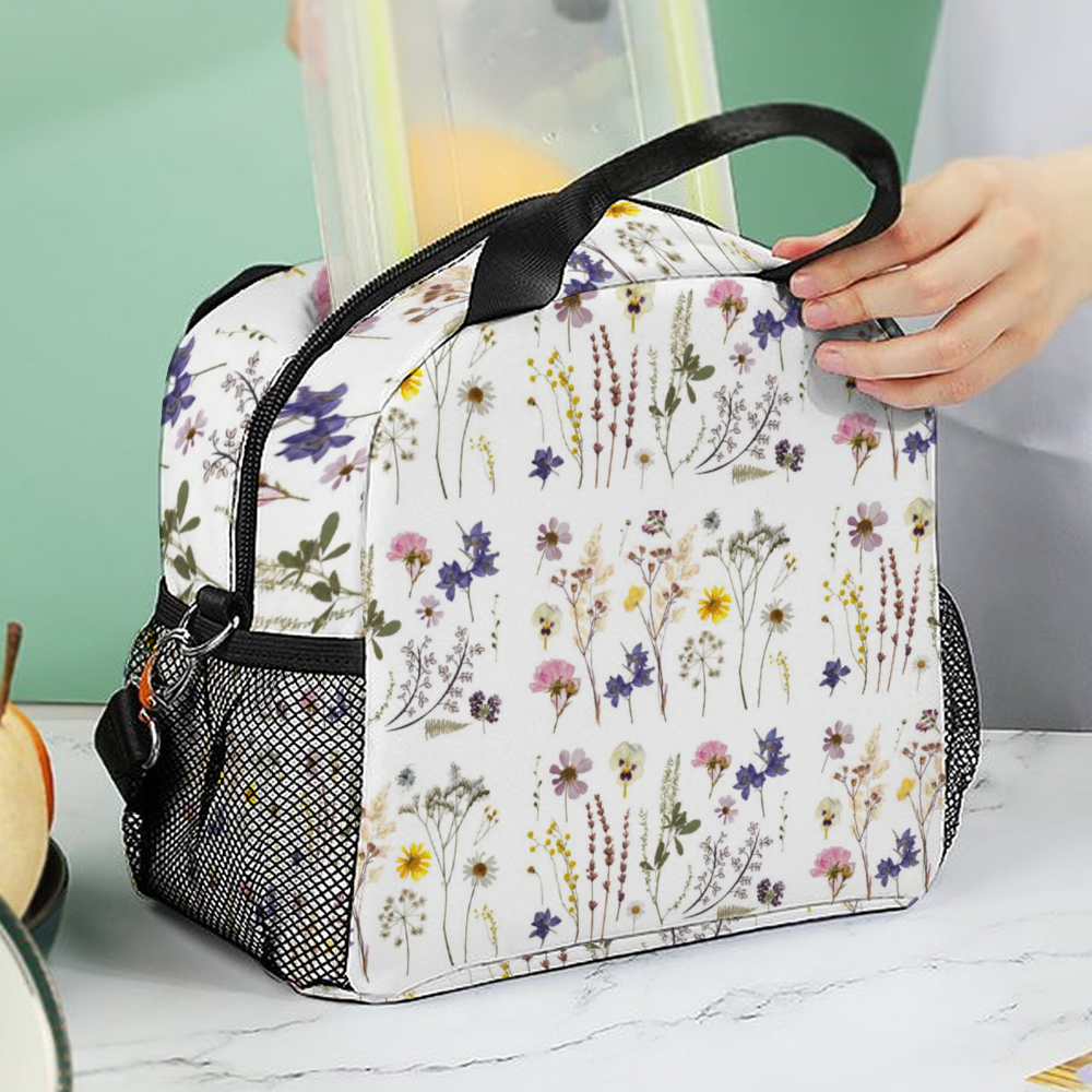 Wildflowers White Insulated Lunch Bag with Handles & Shoulder Strap