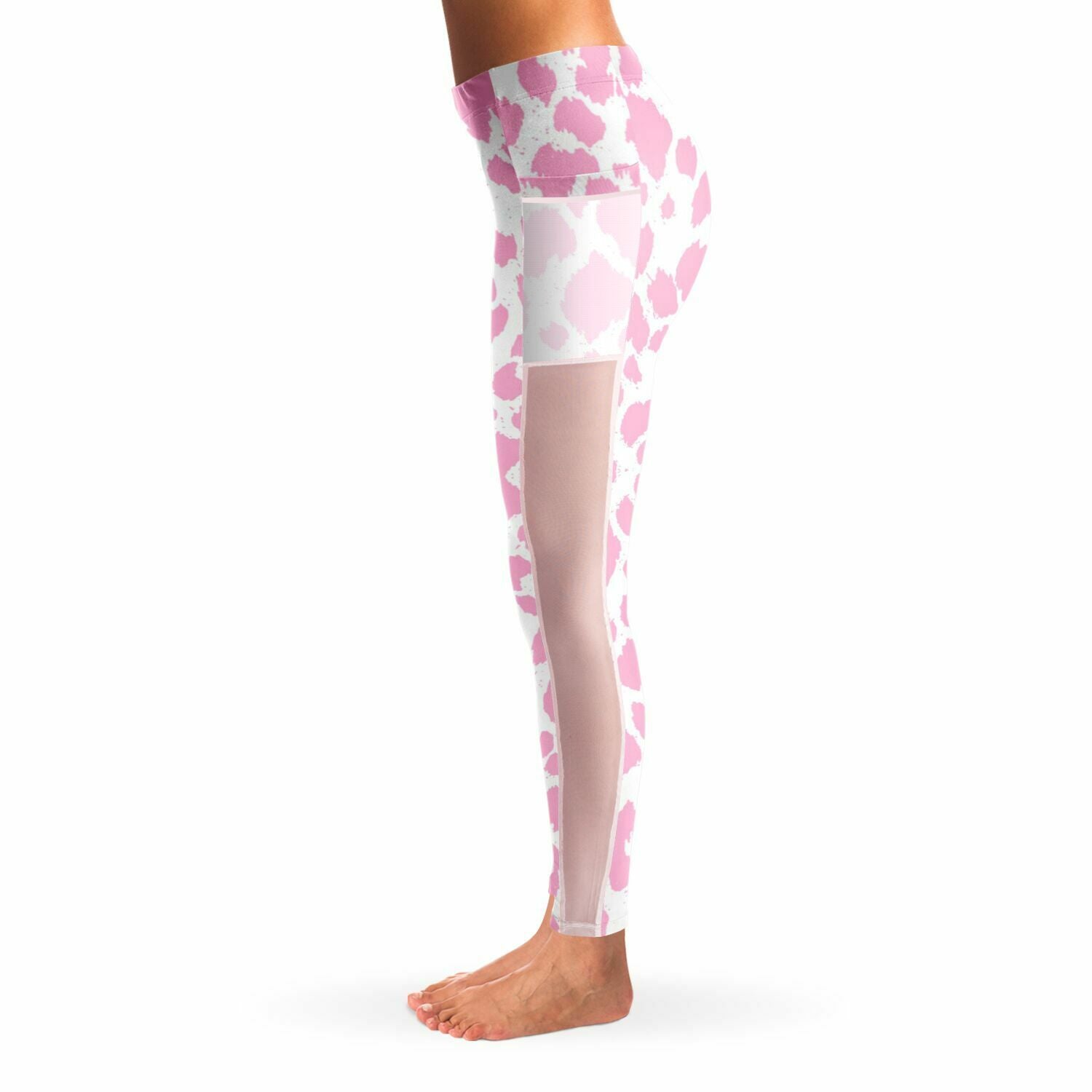 Baby Pink Leopard Mesh Panel Side Pockets Leggings (FWS)