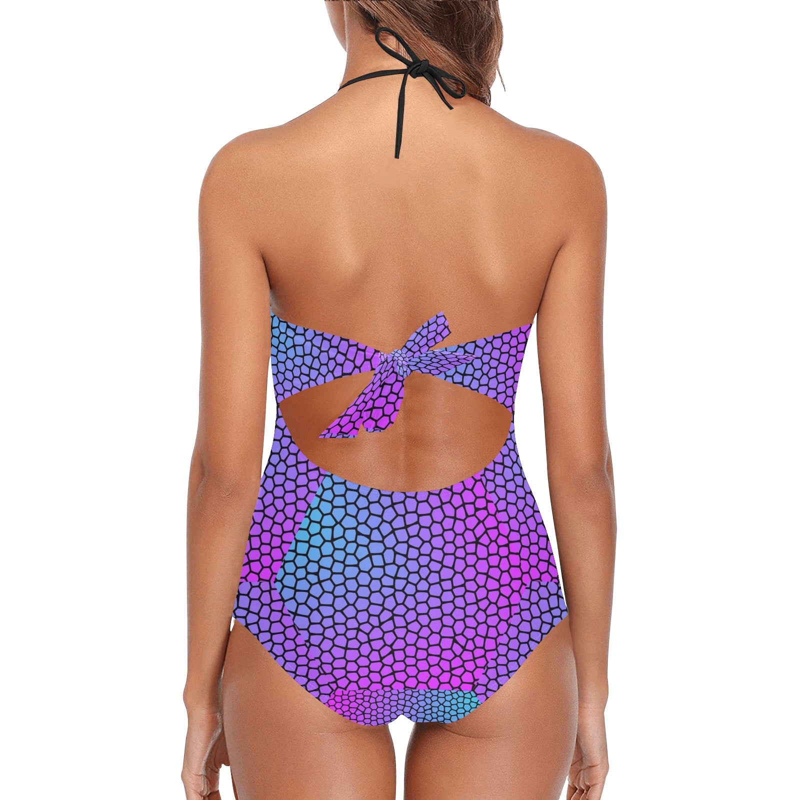 Purple Blue Stained Glass Lace Band Embossing Swimsuit up to 2 XL (FWS)