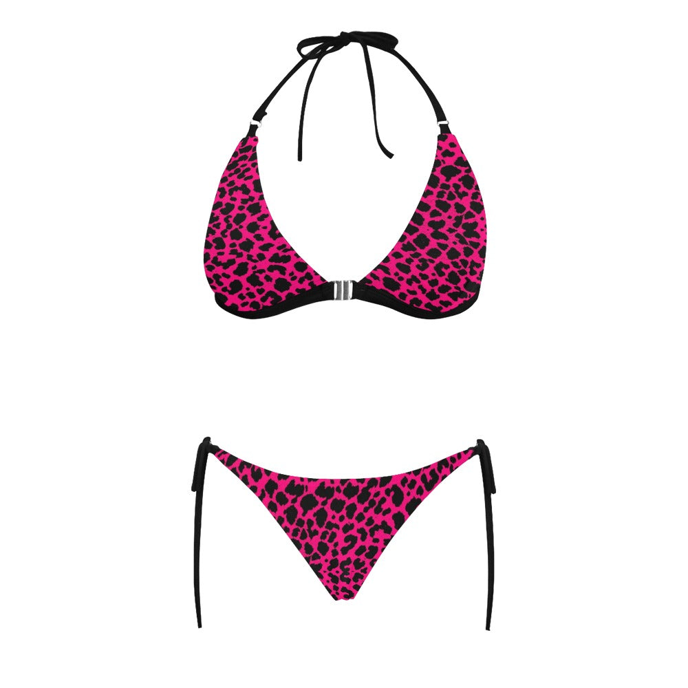 Hot Pink Leopard Halter Neck Bikini with Front Buckle up to 5 XL (FWS)